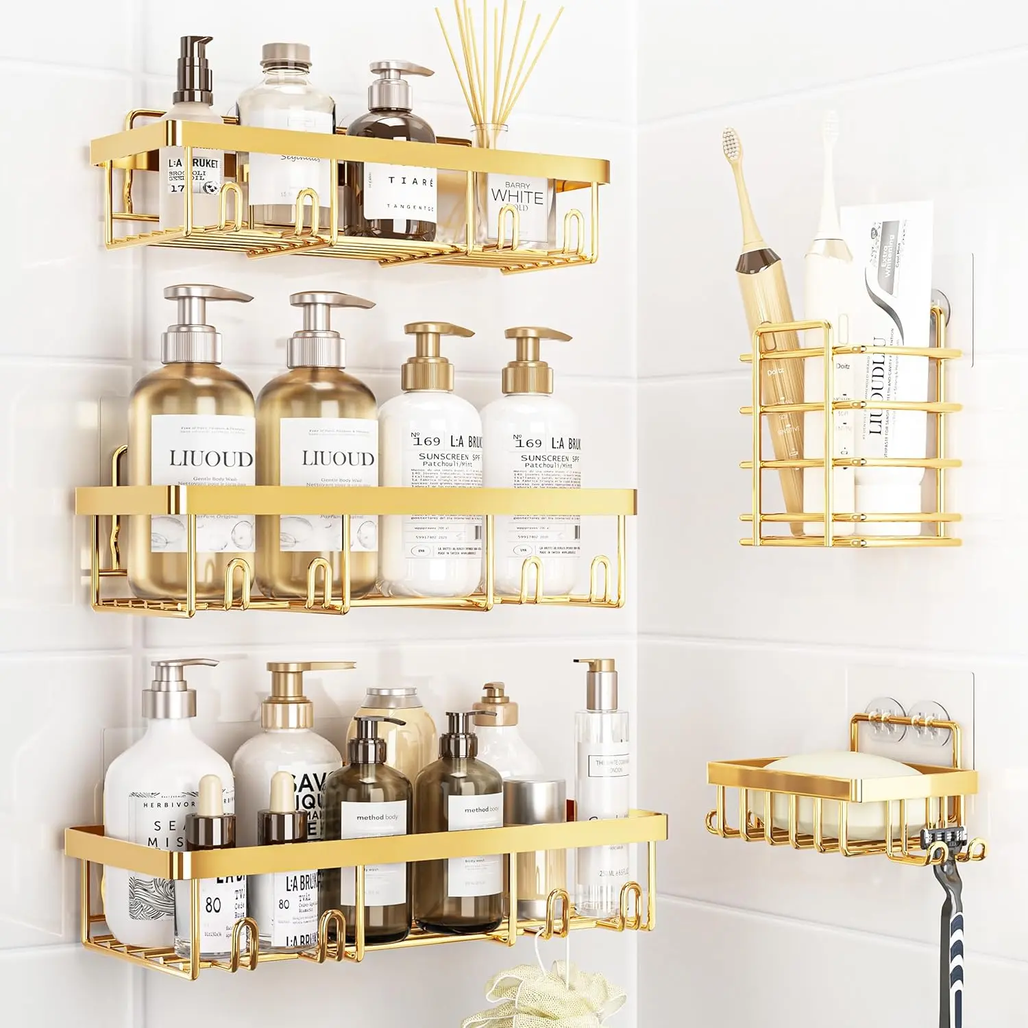 Gold 5-Pack Self-Adhesive Shower Caddy Organizer, Rustproof Stainless Steel Wall Storage Basket with Shelves, Shampoo Holder Bathroom Accessory Set for Inside Shower