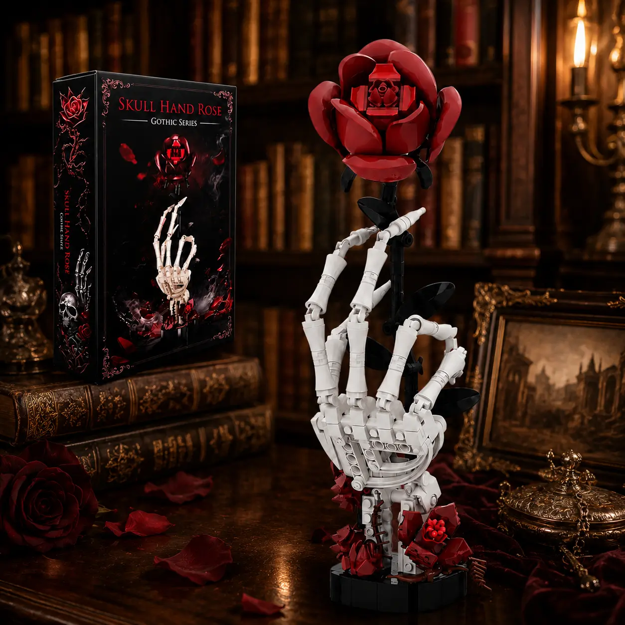 Gothic Rose Skeleton Hand Building Set - 357-Piece, Red Rose Flower Building Blocks with Articulated Hand, Desk & Shelf Decoration, Creative Gift for Gothic Decor Enthusiasts Buildable Blocks Kit Diy Building Model