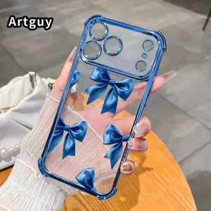 Four-Corner Airbag Phone Case Compatible with iPhone 17 16 Pro Max 15 Plus 14 13 12 11 E Air Blue Satin Bows Pattern Full Coverage Protective Shockproof Casing