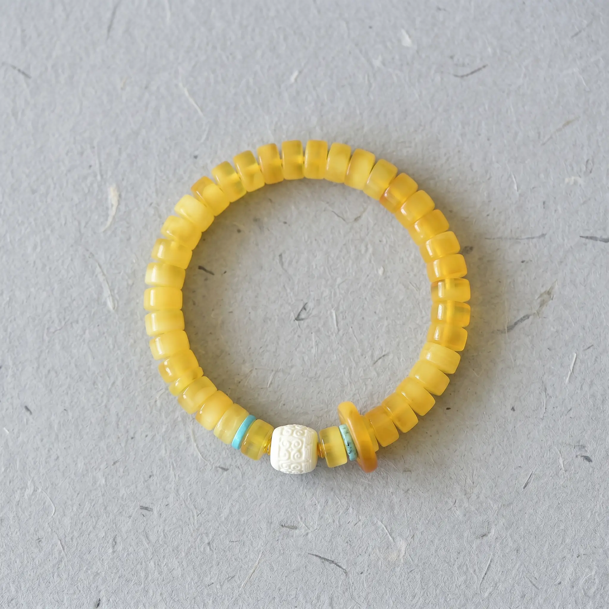 Heirloom-Grade Unisex Russian Beeswax Amber Stretch Bracelet - 8mm Stacked Disc Beads, Hand-Carved Bodhi, Natural Turquoise Spacers, Rich Chicken Oil Yellow, Fits Most Wrists, Calming Nervous System Natural Crystal Jewelry, Pulls In Good Fortune, Chicken,