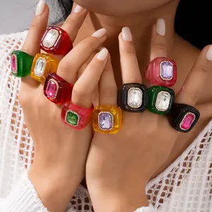 Y2K Statement Chunky Acrylic Resin Wide Ring for Women - Colorful Square Candy Rhinestone Geometric Band, Festival Party Jewelry Gift