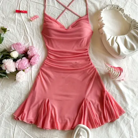 Women's Sexy off Shoulder Mini Dress, Deep V Neck Backless Bow Design, Spaghetti Strap, Mermaid Style, Feminine, Perfect for Summer Vacation, Dates, Beachwear, Womenswear