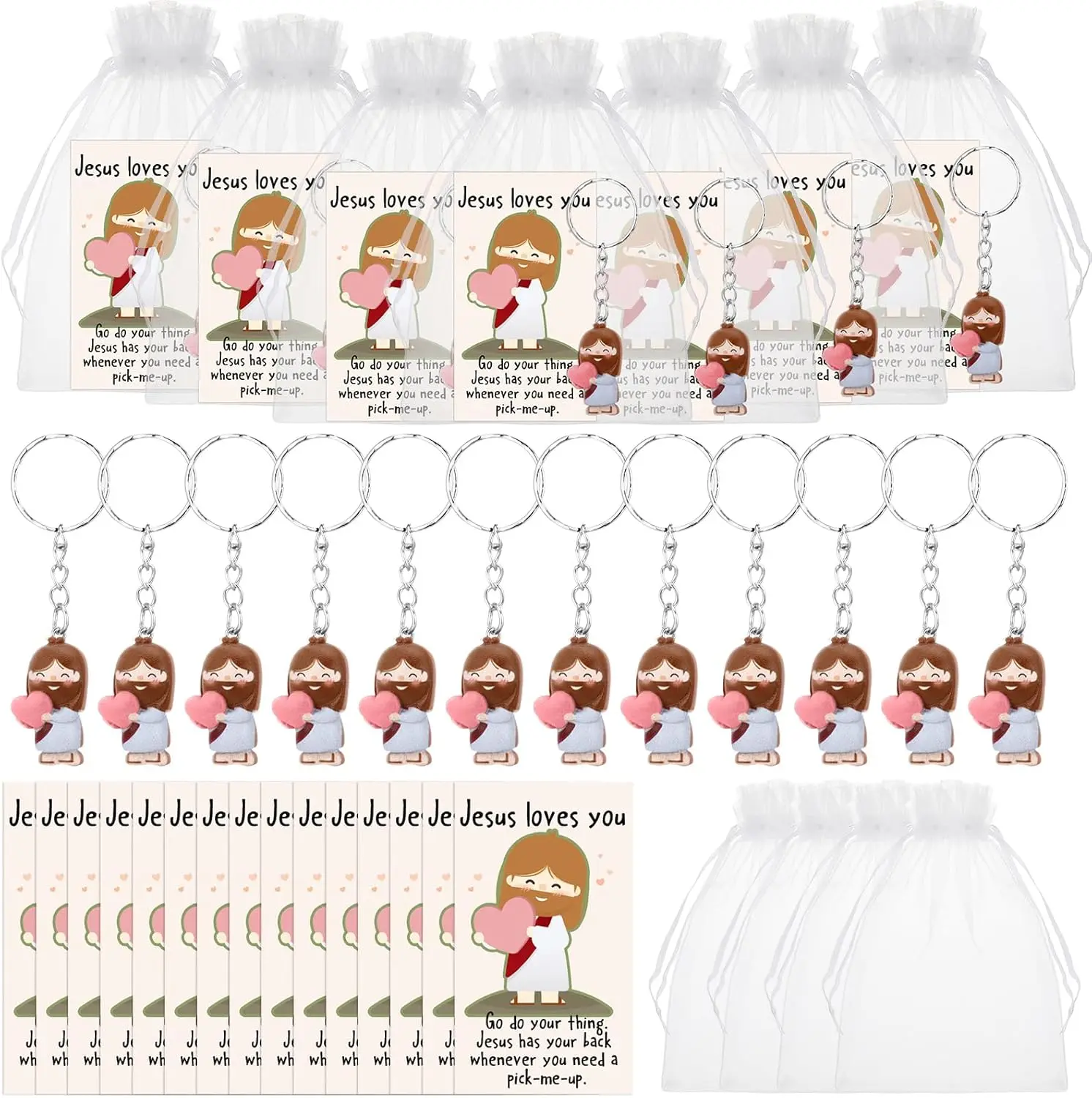 10 Pack Resin Jesus Keychains, Inspirational Christian Gift Set with "Jesus Loves You" Cards & Organza Bags - Bulk Religious Favors for Church, Baptism, Women & Men, Card Art Keychains, Inspirational Faith-Themed Graphic Keychains