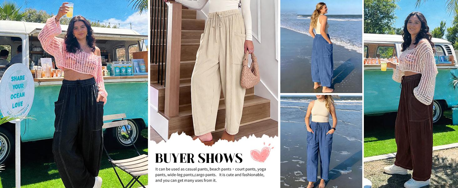 Yeokou Women's Oversized Wide Leg Lantern Pants Summer Beach High Waisted Capris Casual Baggy Trousers with Large Pockets Elastic Waist Yoga Lounge Pants