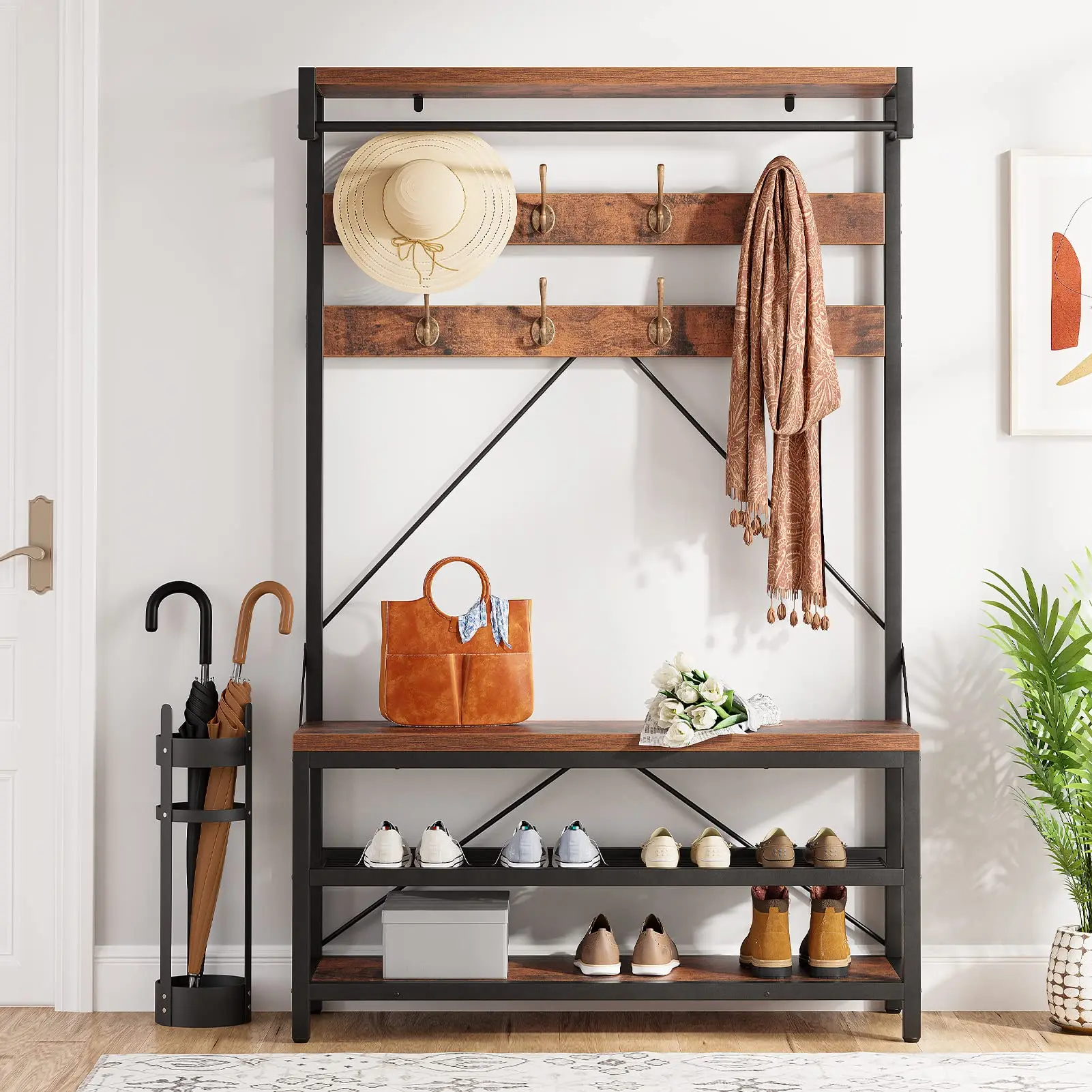 72" Hall Tree with Storage Bench - 4-in-1 Coat Rack & Shoe Organizer - Industrial Shelving with 8 Hooks for Entryway, Hallway, Bedroom (Brown)