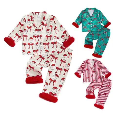 REDWOON Toddler Baby Girl Christmas Fuzzy Pajamas Set Cute Bow Print Button Down Shirt and Pants Holiday Pjs for Kids Loungewear Set