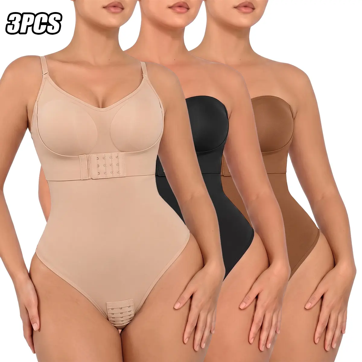 JOGWAVE women’s seamless one-piece bodysuit, lightweight shaping compression design, high-stretch grip technology, breathable strapless briefs-style back panel, solid color design, front button closure, removable pads, high support, S-curve cut, skin-frie