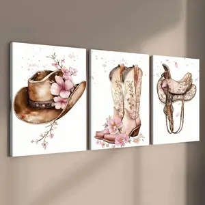3-count wooden frame canvas, retro cowboy hat and cherry blossom boots three-piece poster, country style art decoration, modern family poster, fashionable living room decoration art, suitable for corridor, office, room and bedroom decoration