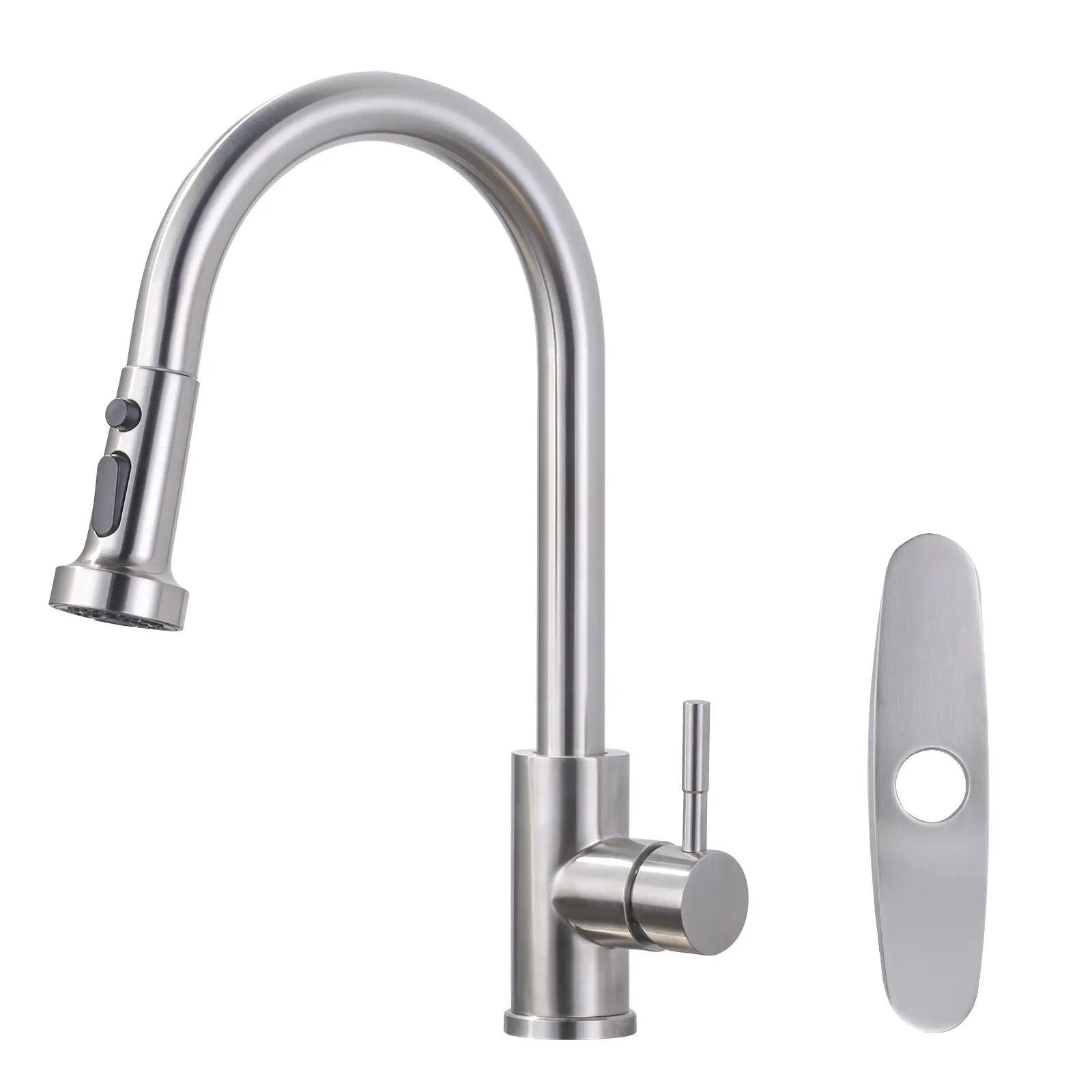 WOWOW Single-Handle Wall-Mount Gooseneck Pull Down Sprayer Stainless Steel Kitchen Faucet, Brushed Nickel High Arc Pull Out Rotatable Tap, High Arc Faucet, Pull Out Faucet, Rotatable Rotary Faucet