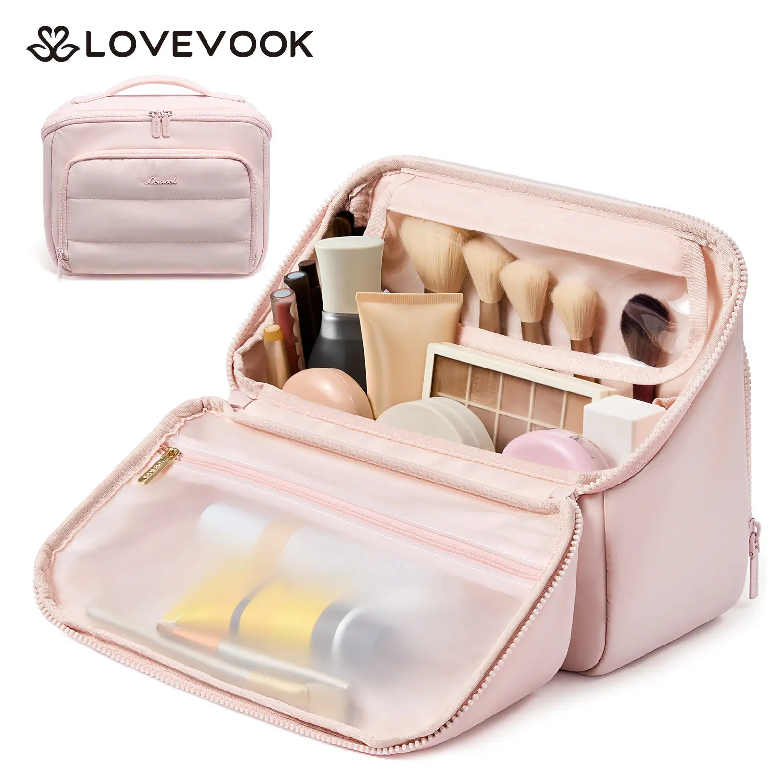 LOVEVOOK  4 in 1 Travel Cosmetic Bag for Women, Large Capacity Puffer Quilted Makeup Organizer with Multiple Pockets and Brush Slots, Portable and Waterproof,Spill-Resistant Toiletry Bag 80% Lighter Than Leather, Stands on Its Own for Everyday Use