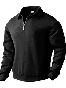 Men's Vintage American Style Heavyweight Fall Fitted Knitted Textured Sweatshirt, Jacquard Long Sleeve Stand Collar Half-Zip Pullover Top, Casual Fashion