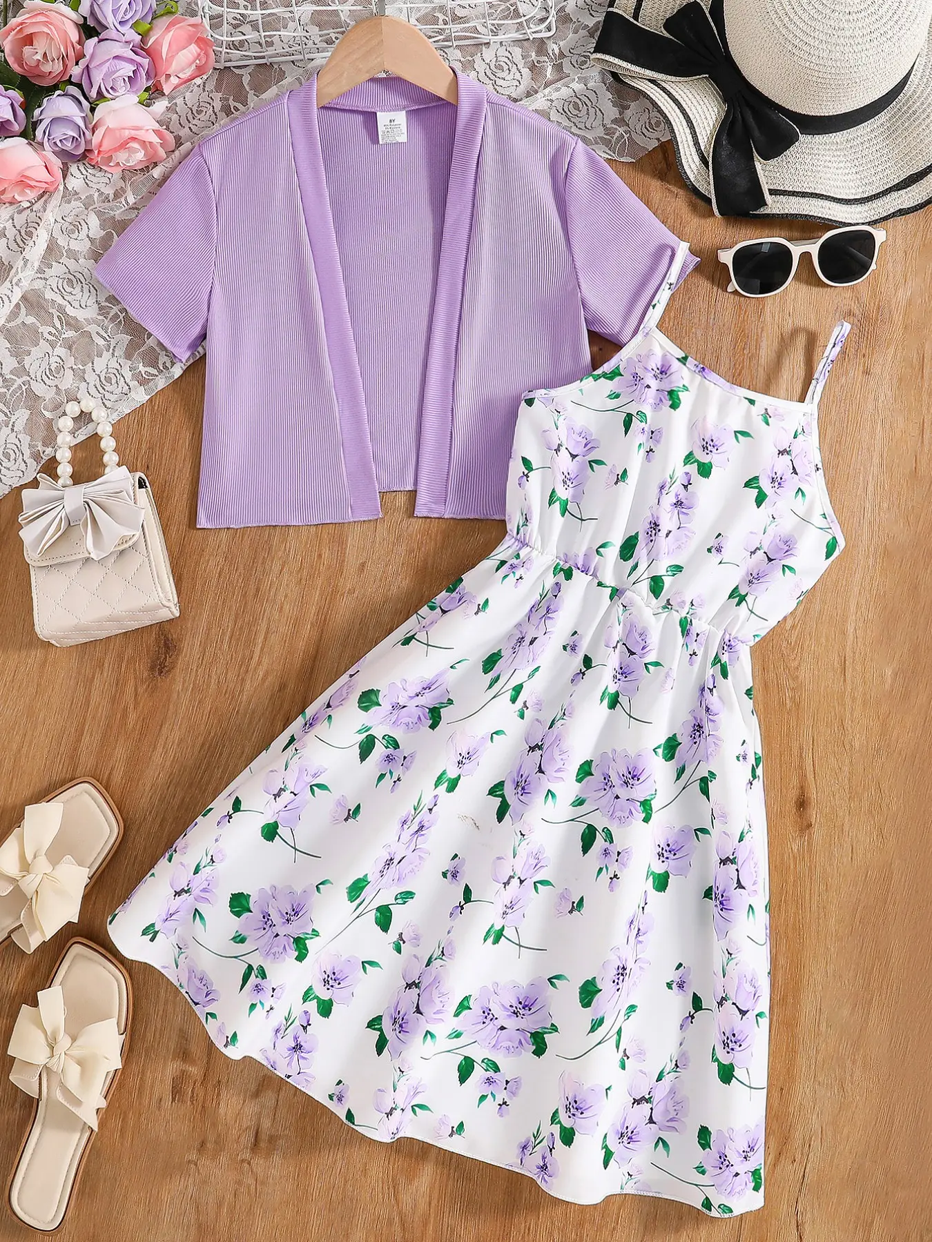 Girl's Floral Print Dress & Short Sleeve Outerwear Set, Casual Outerwear & Ditsy Floral Dress, Summer Clothes for Kids, Floral Printed Dress, Floral Pattern Dress, Girlly Summer Clothes