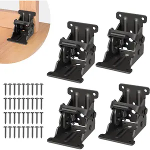 4 Pack Black Folding Brackets, Self-Lock Hinge with Screws, Lock Extension Support Bracket for Folding Table Legs and Bed Legs
