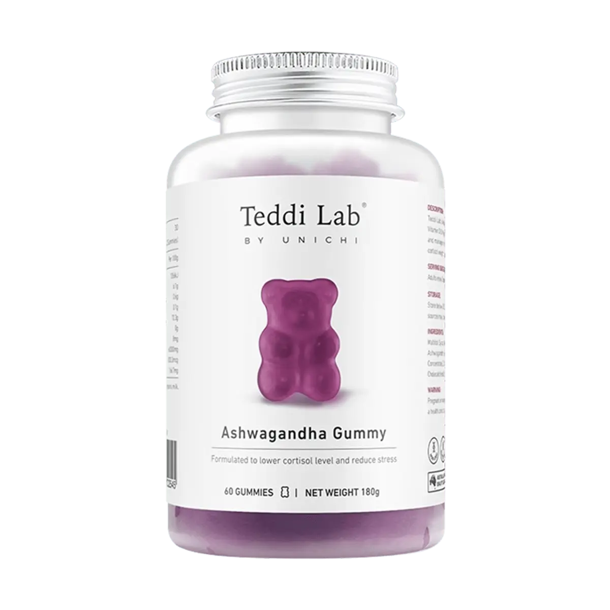 Unichi Gummy Bears for Stress Relief - Low Sugar, Fat-Free Ashwagandha Supplement for Cortisol Balance & Mood Support - 60 Count, 3 Bottles