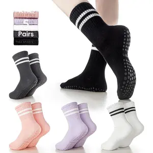 Tall Pilates Socks with Grips for Women, Yoga Crew Non-Slip, Grippy Ankle Barre Sock, Hospital Sticky Socks 5 Pairs