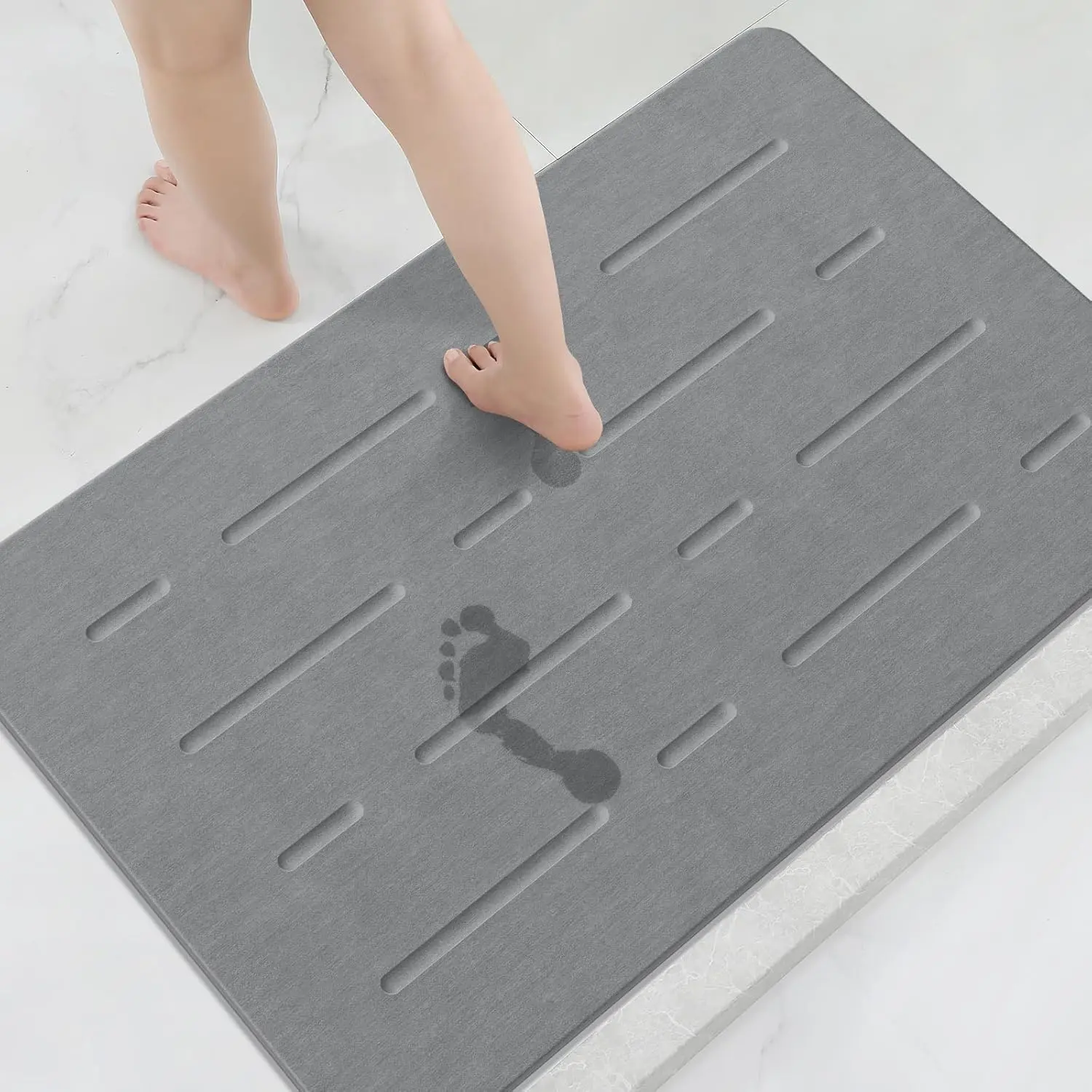 Long Diatomaceous Earth Stone Shower Mat, Non Slip Instant Quick Dry Super Absorbent Hard Diatomite Bath Floor Mat for Bathroom