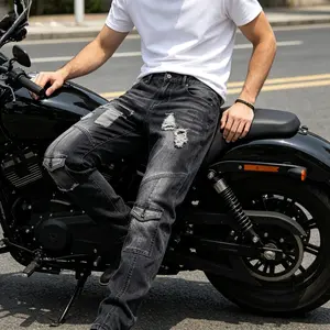 Streetwear motorcycle style men's jeans slim fit, men's carpenter jeans, pleated motorcycle denim pants with ripple and patch details, high-end washed black small straight leg men's style