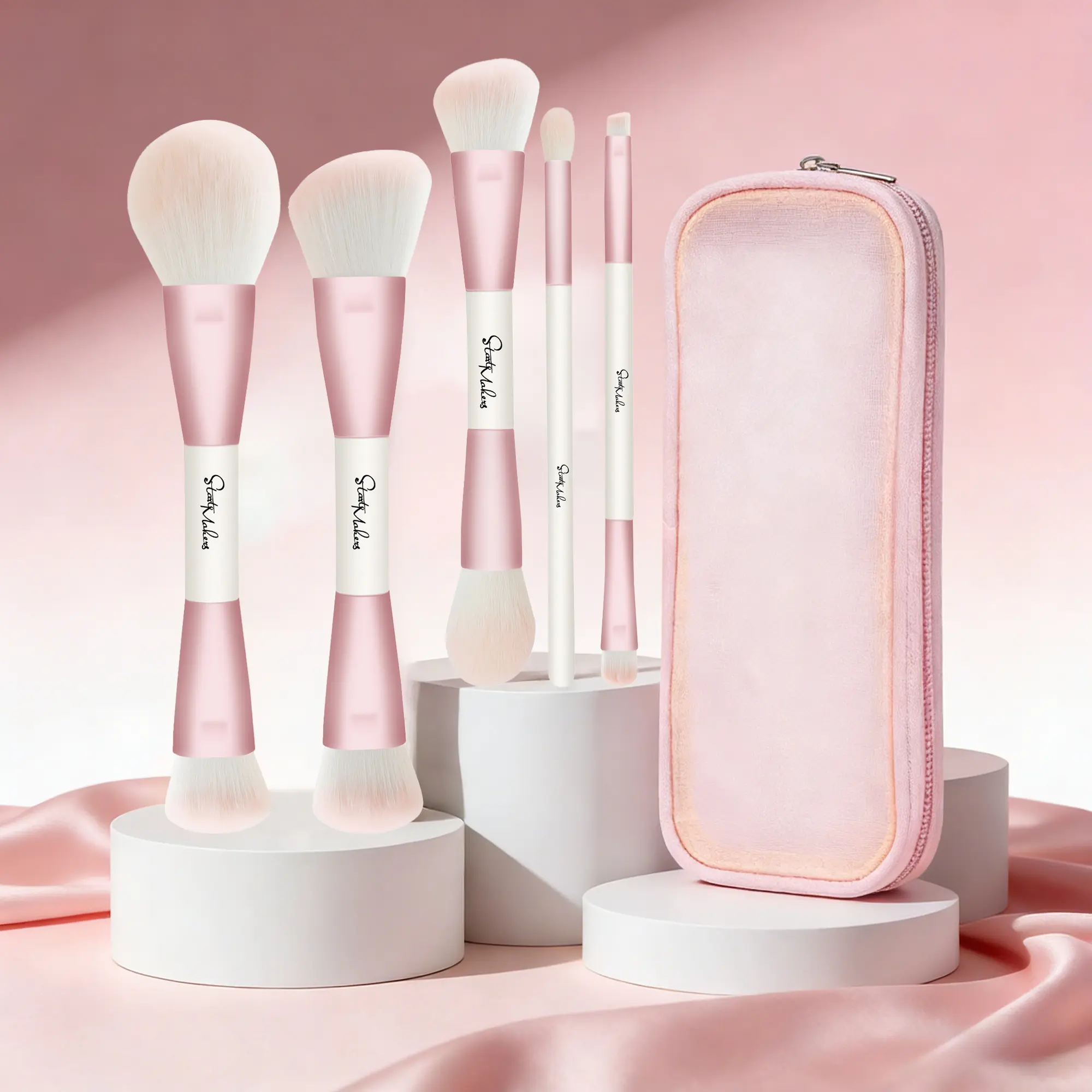 Premium 5Pcs Dual Ended Pink Brush Set with Travel Bag, Ultra Soft, Strong Grip, Seamless Blending, Professional Makeup Brushes for Foundation, Blush, Eyeshadow, Concealer, Contour, Highlighter, Eyebrow, Powder, Gift for Women, Mom, Beginner& MUA