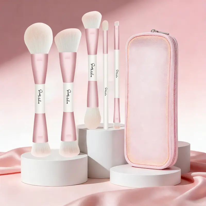 DUAIU Premium 5Pcs Dual-Ended Pink Face Brush Set with Travel Bag - Ultra Soft, Strong Grip, Seamless Blending, Multifunctional Makeup Brushes for Key Makeup Needs - On-the-Go Gift for Beginners & Women
