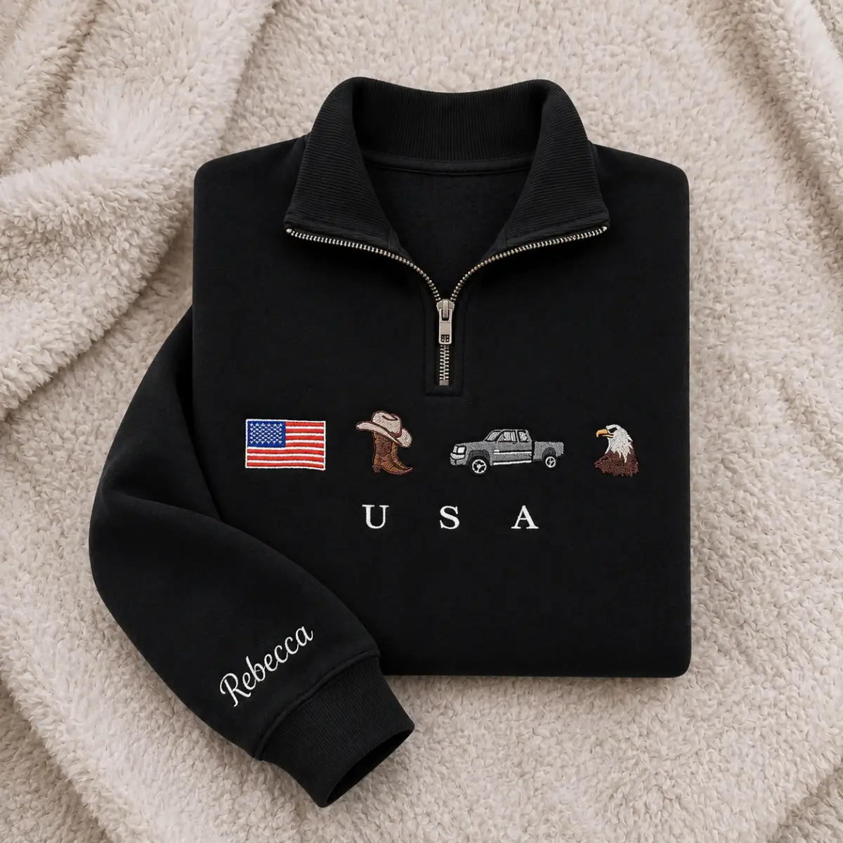 [MADE IN US] USA Embroidered Quarter Zip Pullover, American Flag Sweatshirt, Cowboy Boots Truck Eagle Embroidery, Patriotic Outdoor Pullover, Personalized USA Gift for American Country Lovers