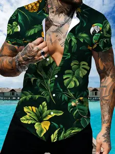 Men's Short Sleeve Tropical Hawaiian Pineapple Parrot Print Shirt