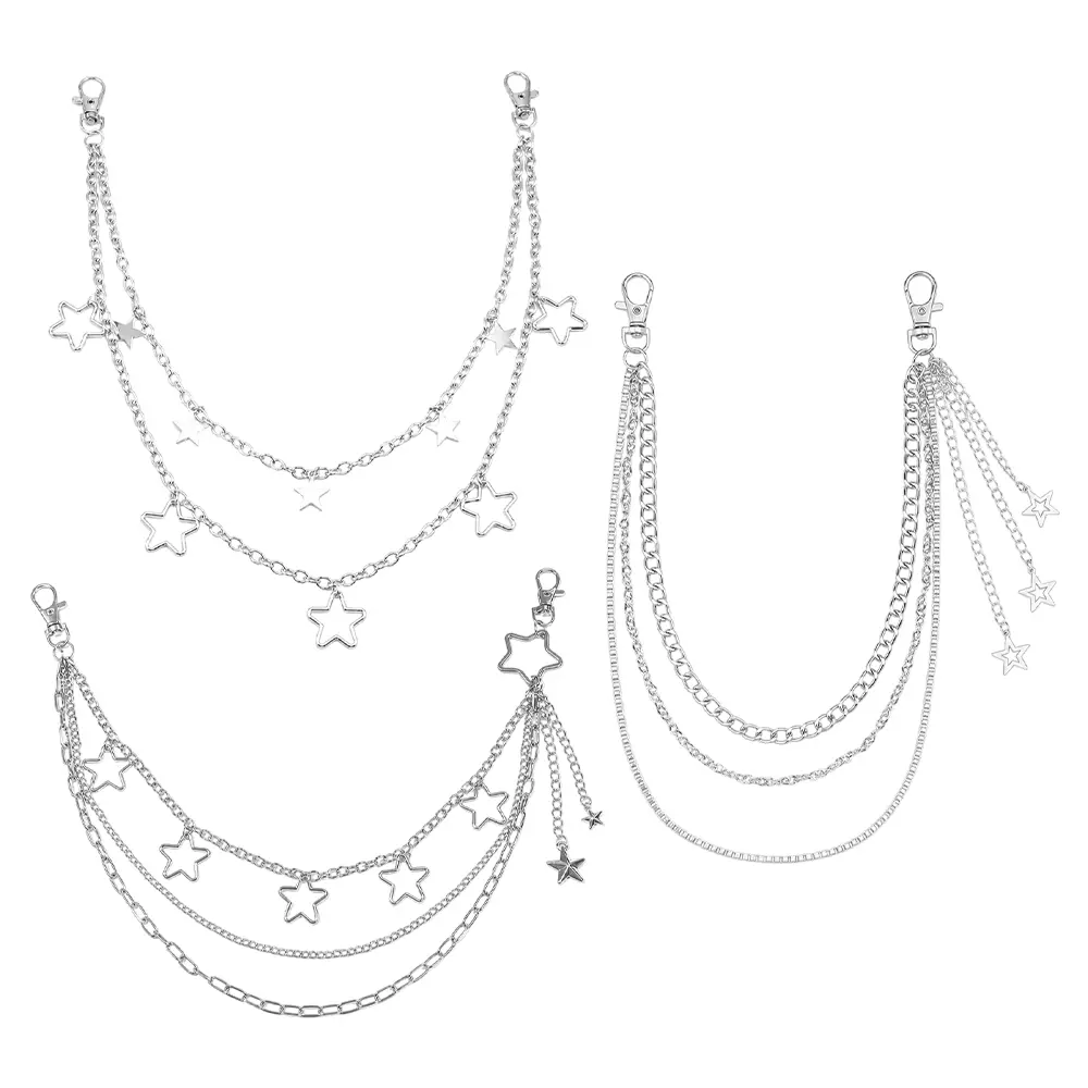 3pcs Multi‑Layer Star Wallet Chain for Men Women, Silver Metal Pants Chain Tassel Key Chain with Star Pendant, Fashion Jeans Decor Accessory for Jeans Pants Backpack