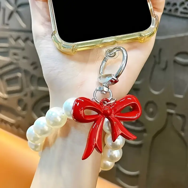 Red Bow Beaded Bracelet Keychain - Casual Mobile Phone Strap Charm, Bow Pattern Multi-Use Wristlet, Bag Accessory for Everyday Collectibles