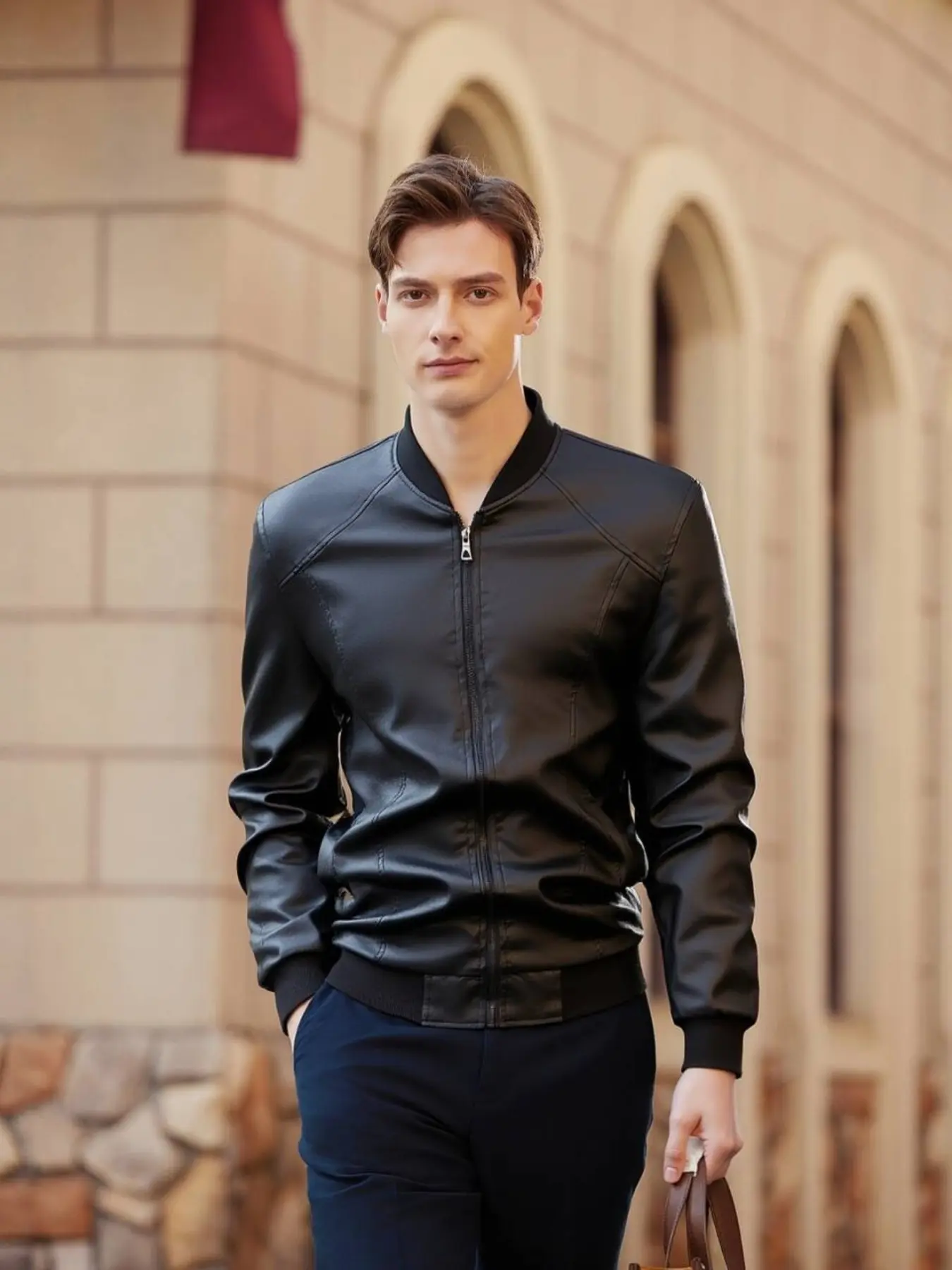 Men's Daily Commute Business Casual Sporty Fitted Long Sleeve Leather Jacket, Baseball Collar PU Leather Coat, Fashionable Warm Winter Outerwear for Outdoor Activities