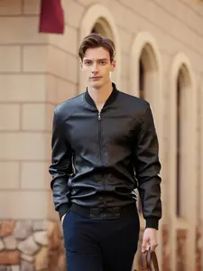 Men's Daily Commute Business Casual Sporty Fitted Long Sleeve Leather Jacket, Baseball Collar PU Leather Coat, Fashionable Warm Winter Outerwear for Outdoor Activities