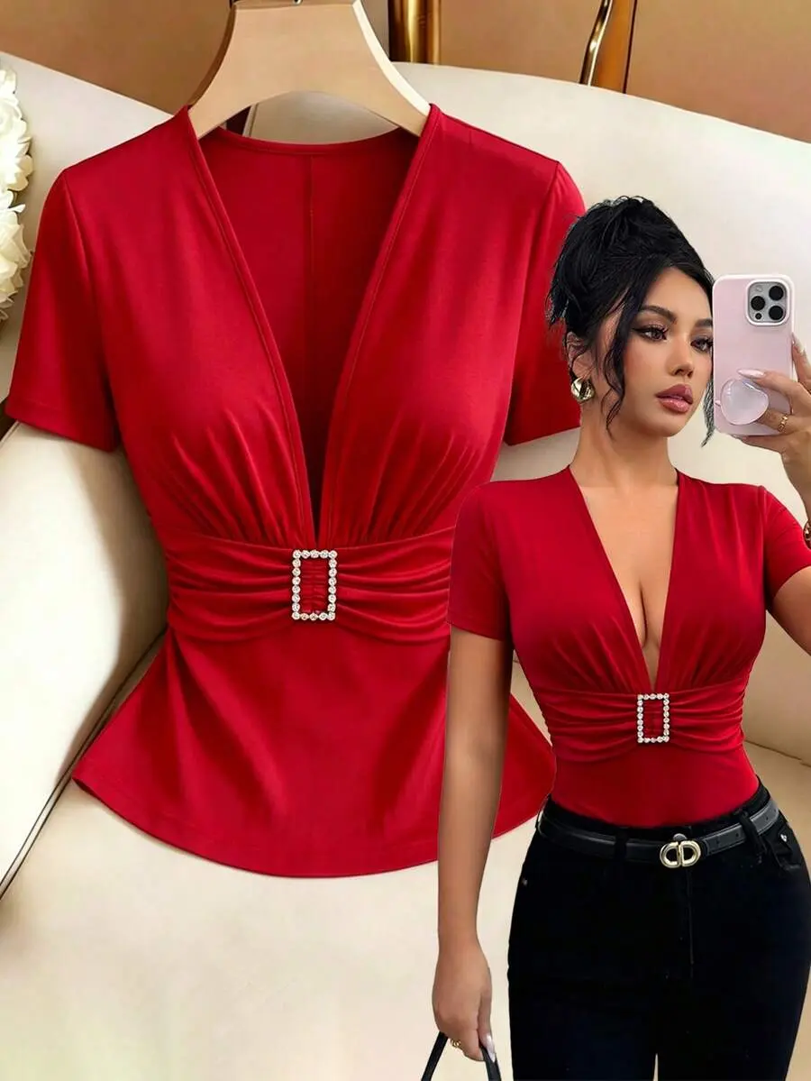 Summer New V-Neck T-Shirt For Women, Rhinestone Button Decor, Waist Cinching, Commuting & Sexy Style