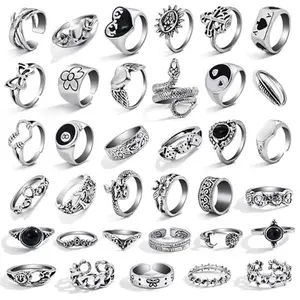 17IF 26-35 Pcs Vintage Silver Knuckle Rings Set for Women Men, Grunge Gothic Rings Chunky Aesthetic Snake Stackable Adjustable Punk Bulky Finger Alt Fairy Skull Frog Heart Star Flower Midi Ring Pack