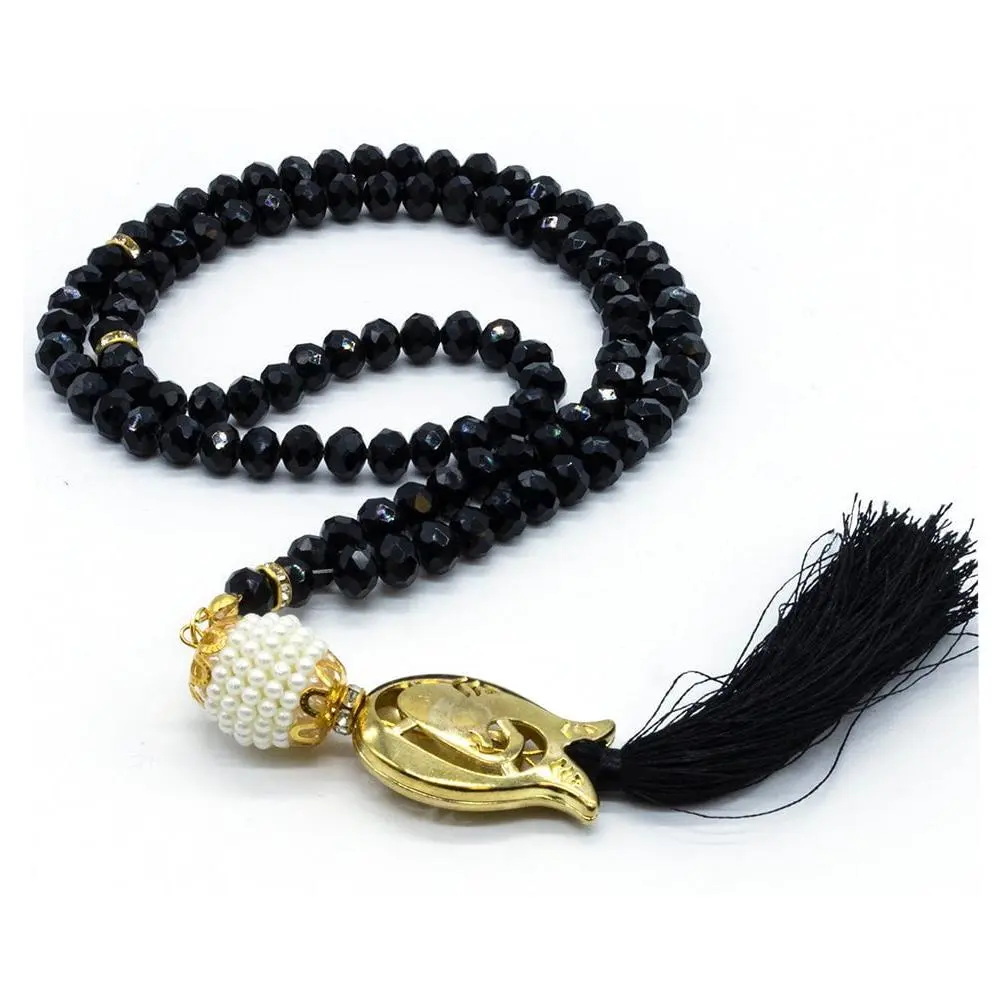 Islamic Tesbih Acrylic Crystal Cut Prayer Beads with Tulip Tassel 99 Count - Black