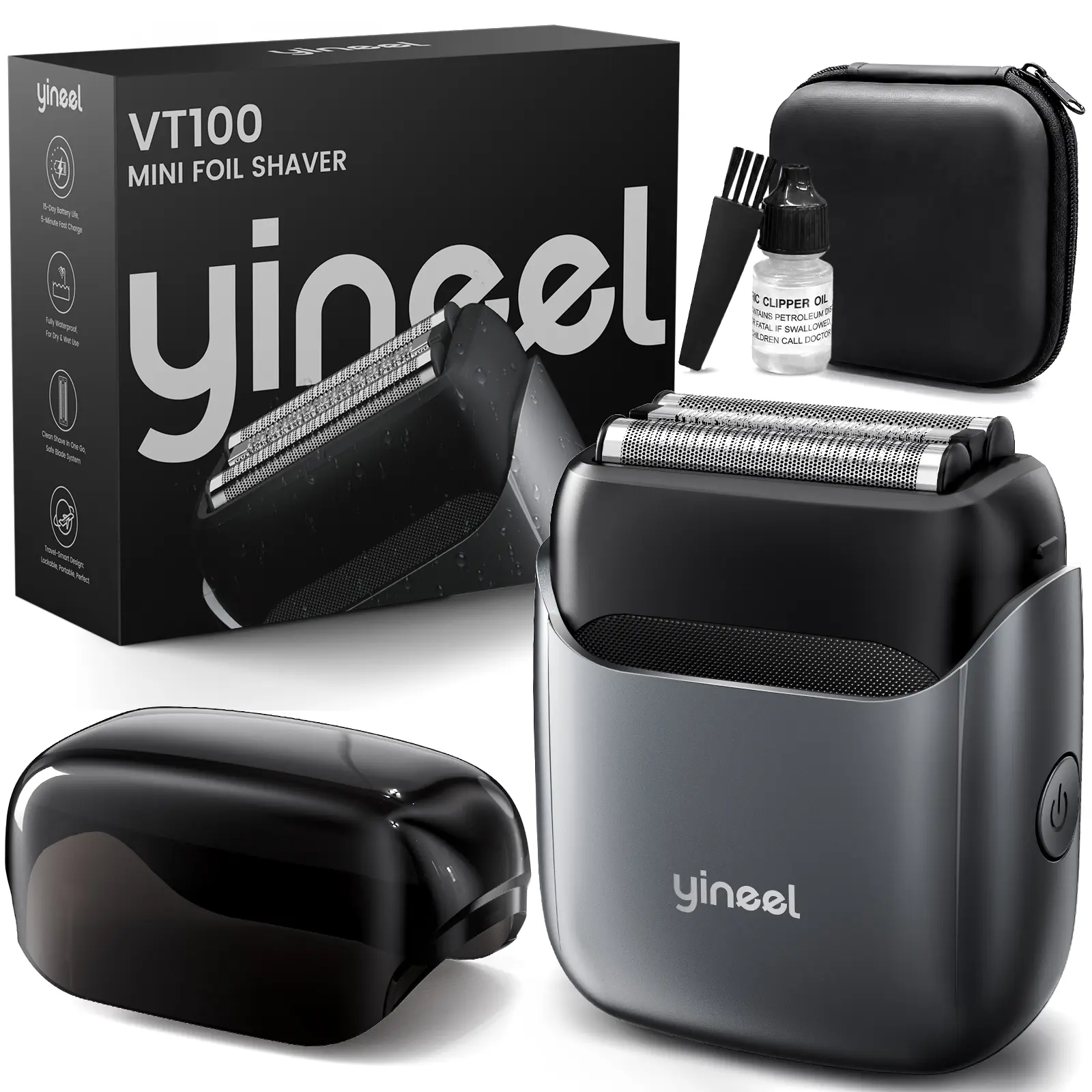 Yineel VT100 Electric Foil Shaver for Men, Pocket-Sized with Case, Sleek Portable Mini Electric Razor, 90mins Runtime, 3 Floating Blades, Travel-Friendly, IPX7 Waterproof, Gifts for Men, Perfect Father's Day Gift for Dad
