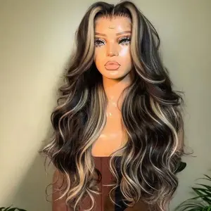 Highlight Ombre Lace Front Wig Human Hair Wear To Go Wig Pre Cut 5x5 Lace Closure Wigs Blended Hair Body Wave Lace Front Wigs Pre Plucked 5x5 Glueless Lace Wig P1B/27 Brown Highlight Wig 200 Density Colored 26 Inch Balayage Wigs for Women