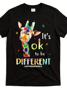 Autism Awareness Puzzle & Giraffe T-Shirt - "It's OK to Be Different" Slogan, Unisex 220gsm Pure Cotton Retro Round Neck Tee, for men & Women, Neurodiversity Apparel