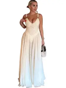 Deep V-Neck Embellished Sleeves Mesh Flare Dress Casual Womenswear Pleated Summer Spring Womenswear