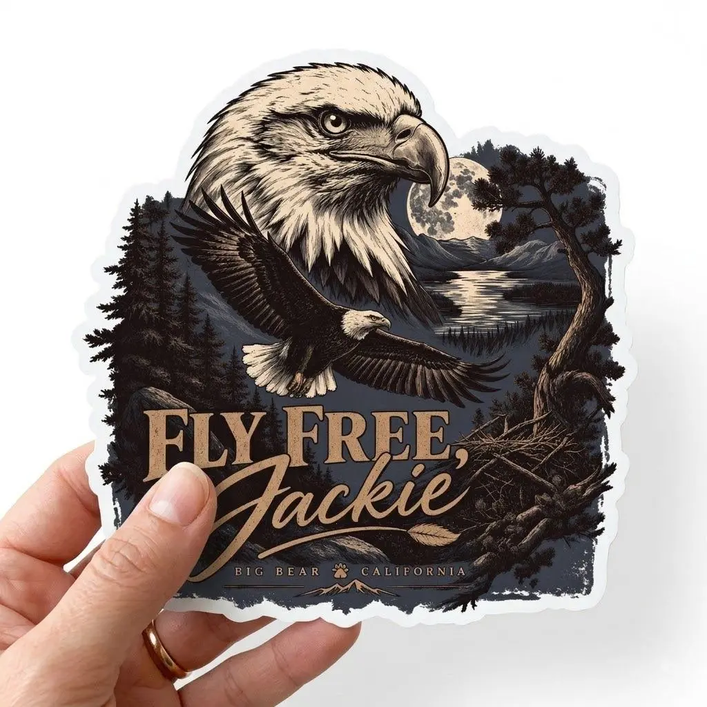 Jackie The Bald Eagle R.I.P sticker, Fly High Jackie sticker