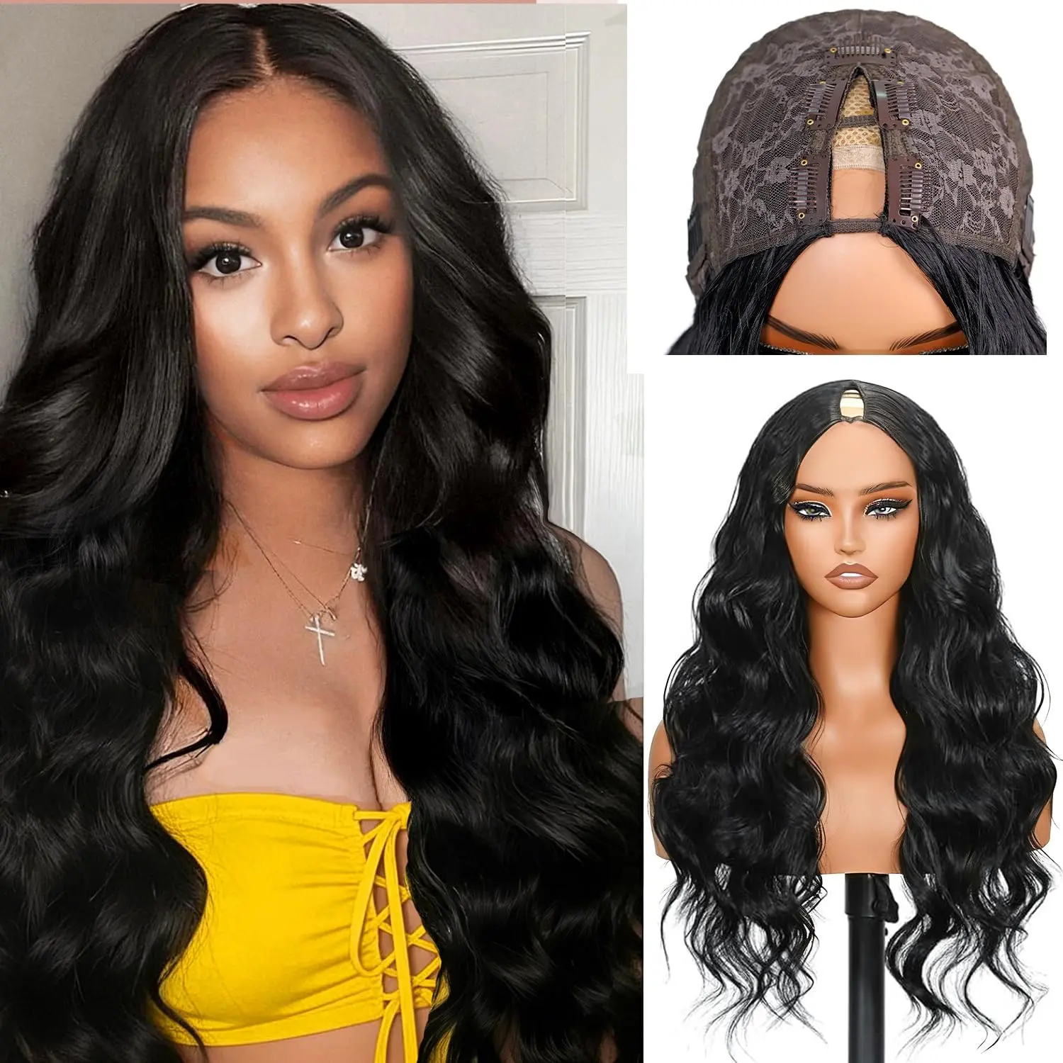 V Part Wig Body Wave Wear and Go Glueless Wig for Black Women 24Inch Synthetic Full Head Clip In Half V Shape Wigs No Leave Out No Sew In Natural Long Wig