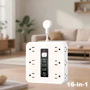 16-In-1 Power Strip With Surge Protection And One-Touch Control Switch - 12 Spacious AC Outlets With 2 USB Ports And 2 Type-C - Wall-Mountable Extension Cord For Office, Study, Home, And School Use - US Plug, 110V-130V Rectangle Power
