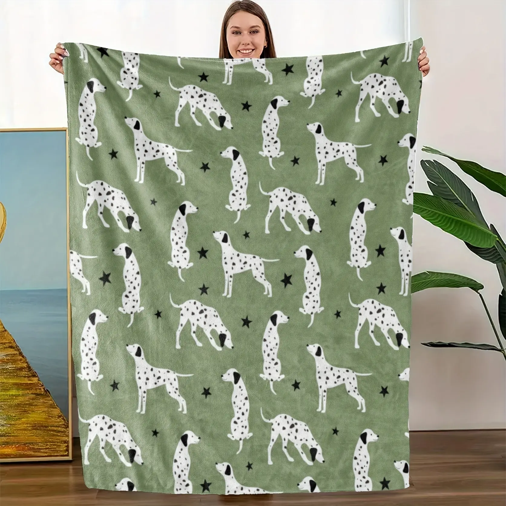 Cozy Warm Flannel Fleece Throw Blanket with Black Dalmatian & Star Design - Soft, Lightweight, All-Season Comfort for Sofa or Bed Decor - Machine Washable, Digital Print, 200-250gsm, Dog Deco
