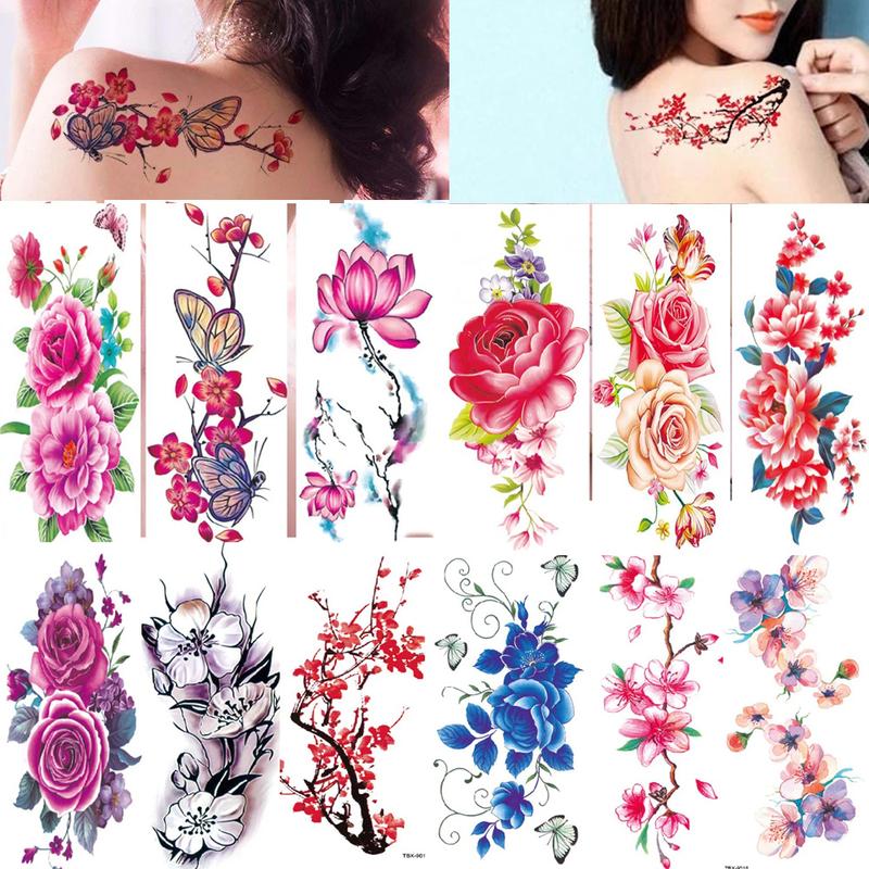 Women's Waterproof 3D Floral Temporary Tattoo Set - 12 PVC Glitter Sheets (190*90mm), Unscented, Solid Roses & Peonies, Assorted Designs for Casual Arm & Shoulder Styling, Kids & Girls, Long-Lasting 3D Effects, DIY Projects, No Battery Needed, Single Item