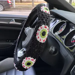 Handmade Crochet Spider Web and Eye Granny Square Car Steering Wheel Covers Universal 14-15 inch for Women and Men (Steer Wheel Cover+ 2 Belt Cover)
