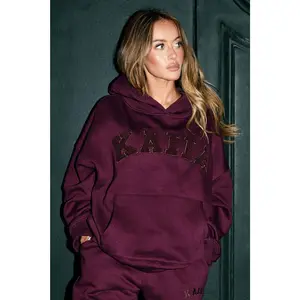 Kaiia Borg Slogan Oversized Hoodie Dark Cherry