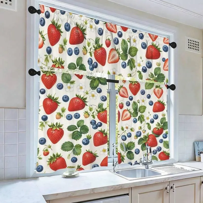 3 Piece Kitchen Curtain Set 60x18 Valance 28x40 Tier Strawberry Berry Soft Peach Skin Fabric Window Drapes Cafe Set