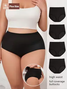 4-pack, women's black high-waist high-stretch plus-size underwear, Soft breathable panties, comfortable and breathable full-coverage skin-friendly plus-size panties, wider to fit fuller figure, elastic edging, plus-size underwear set