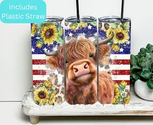 Patriotic Highland Cow American Flag 20oz Tumbler #highlandcow Bottle Drinkware Lid Stainless Straw Insulated