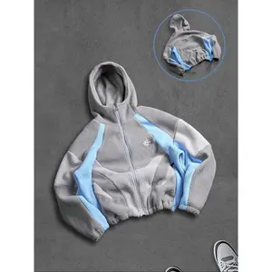 Men's Contrast Color Patchwork Zip Hoodie Jacket Fall Winter Shark Style Hooded Sweatshirt Casual Streetwear Outerwear