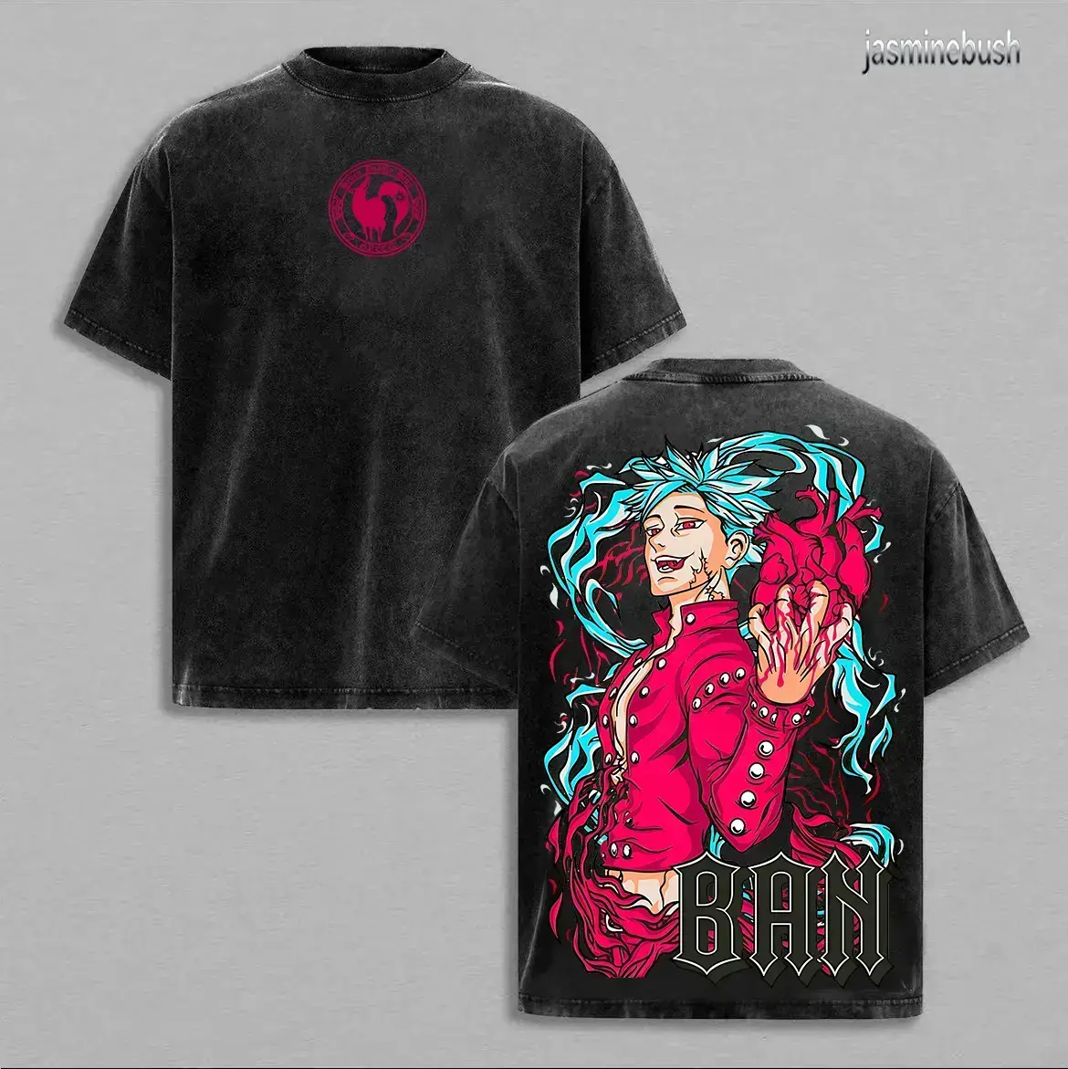 Retro Vintage Washed 7 Deadly Sins Anime Art Short-Sleeve Menswear T-Shirt - Heavy Cotton Oversized Graphic Streetwear Top, Unisex Casual Hip Hop Aesthetic, Japanese Manga Apparel, Loose Comfortable Everyday Outfit, Anime Fan Gift