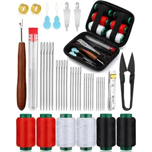40 count Big Eye Steel Sewing  Kit, Steel  for Hand Sewing, Sewing Kit with Storage Bag Threads Thimbles Seam Rippers for Repair Clothing (Red/White/Black Thread)