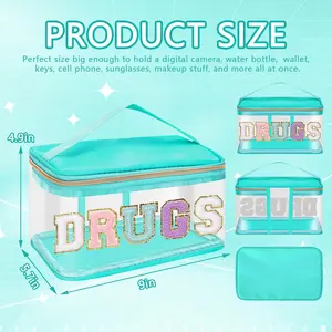 Chenille Letter Clear Makeup Bags Skin Pouch, Preppy Patch Makeup Bag Zipper with Handle, Transparent PVC & Nylon Waterproof Glitter Cosmetic Handbag Travel Toiletry Storage for Women Girl